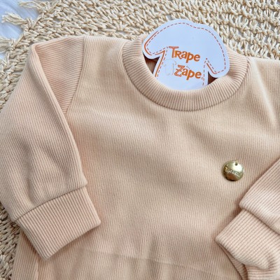 Conj. Blusa em Malha Cotele e Calça em Plush Esquila - Areia e Rosa